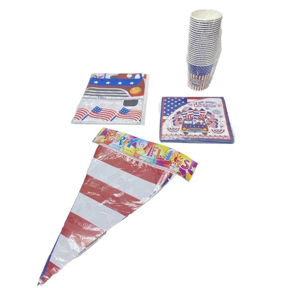 Brand New USA Party Themed Table Cloth, Flag Banner, Paper Cups & Napkins Set - Picture 1 of 9